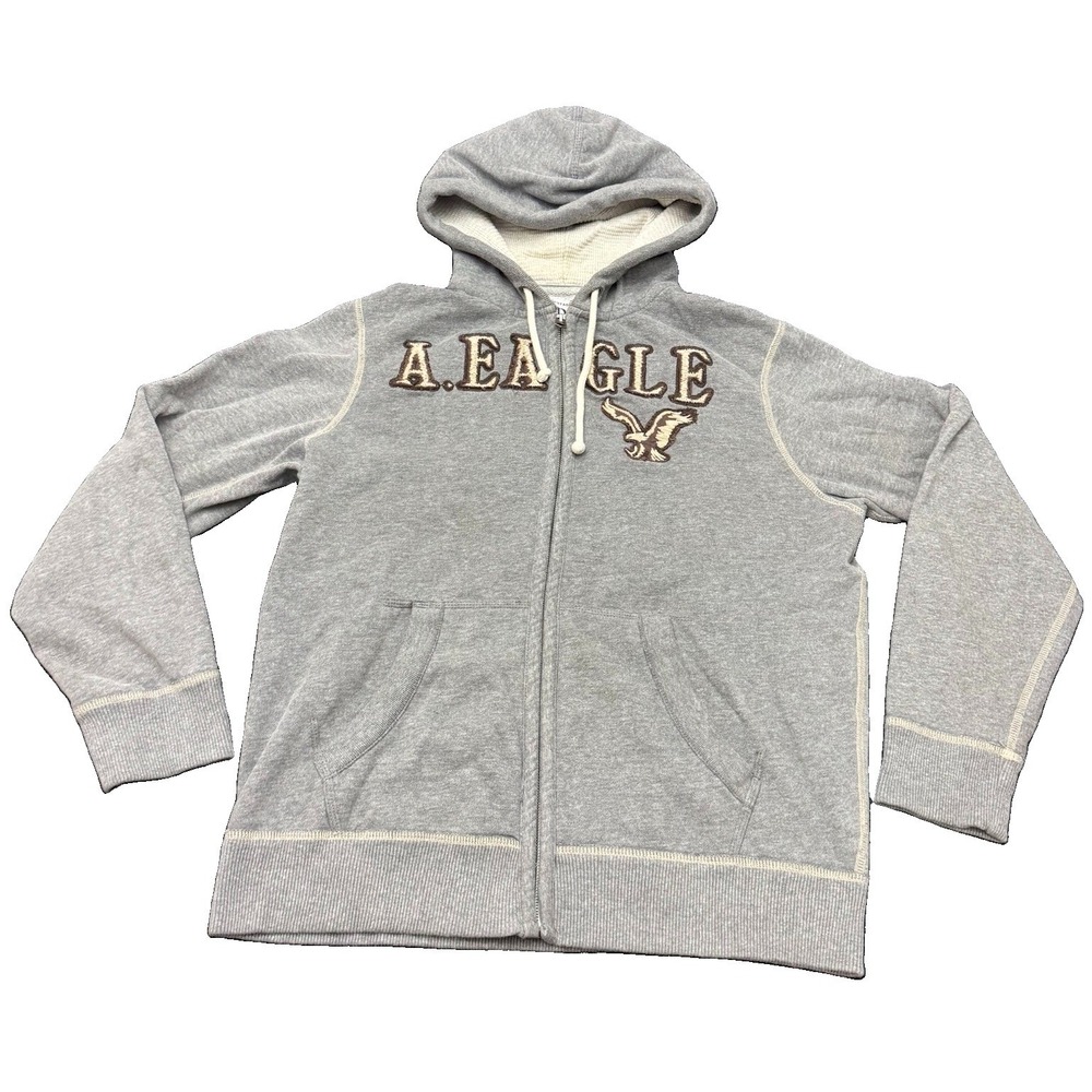 Y2K Gray American Eagle Zip Up Hoodie Embroidered Logo Mesh Hood Fleece Lined
